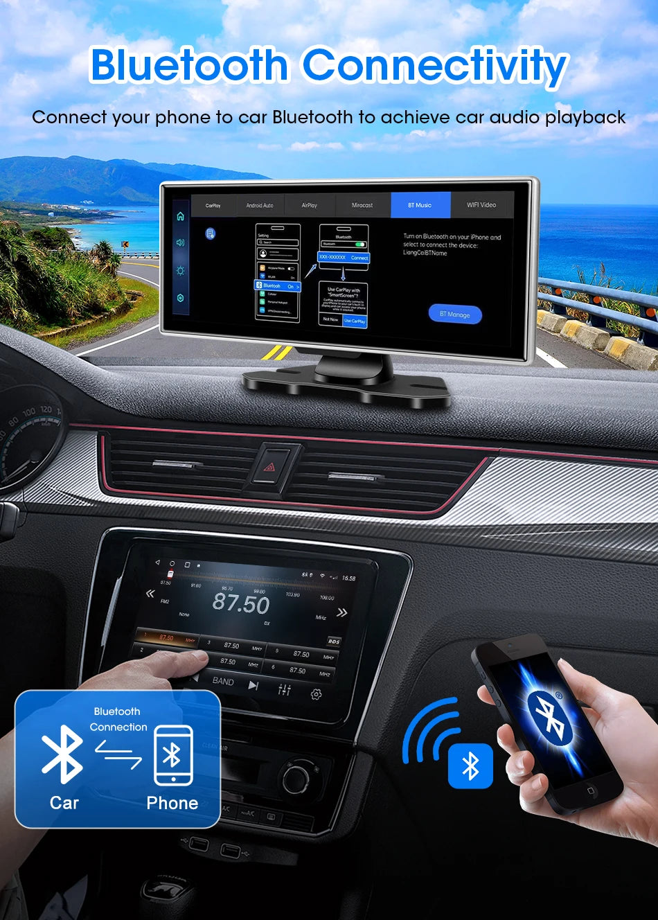 4K Dual-Lens Dash Cam with Wireless CarPlay & Android Auto
