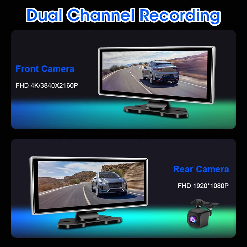 4K Dual-Lens Dash Cam with Wireless CarPlay & Android Auto