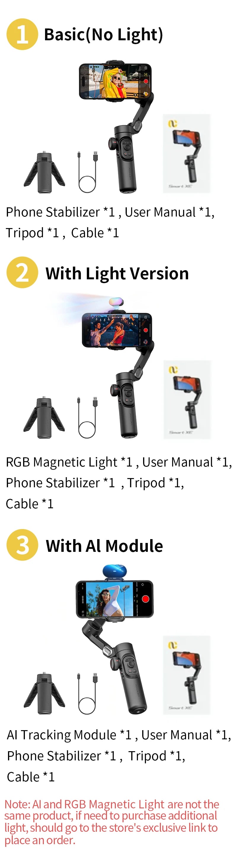 3-Axis Handheld Gimbal Stabilizer for Smartphones with Built-in Fill Light
