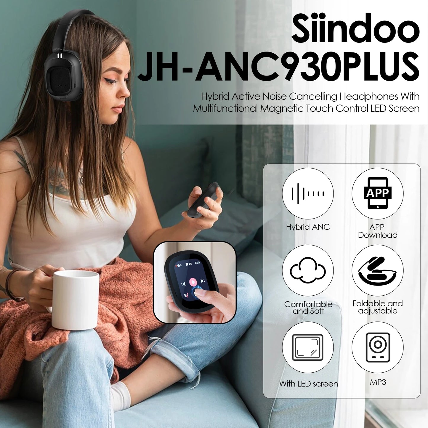 Hybrid ANC Wireless Headphones w/ Touch Control & LED Display