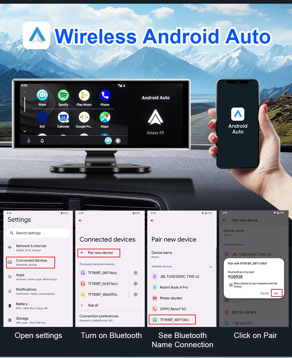 4K Dual-Lens Dash Cam with Wireless CarPlay & Android Auto