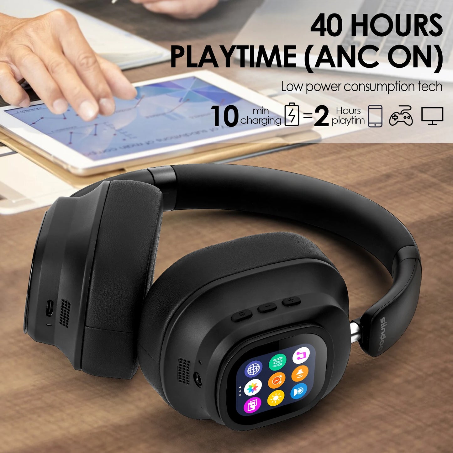 Hybrid ANC Wireless Headphones w/ Touch Control & LED Display
