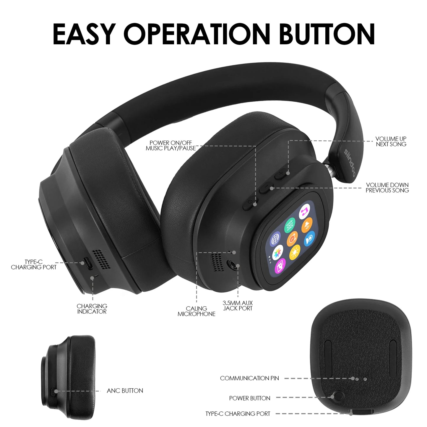 Hybrid ANC Wireless Headphones w/ Touch Control & LED Display
