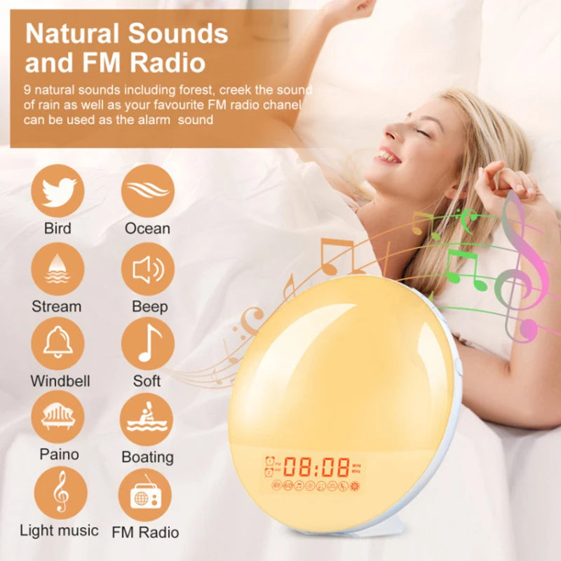 Smart Sunrise Alarm Clock – Dual Alarms, FM Radio, Nightlight & Natural Sounds