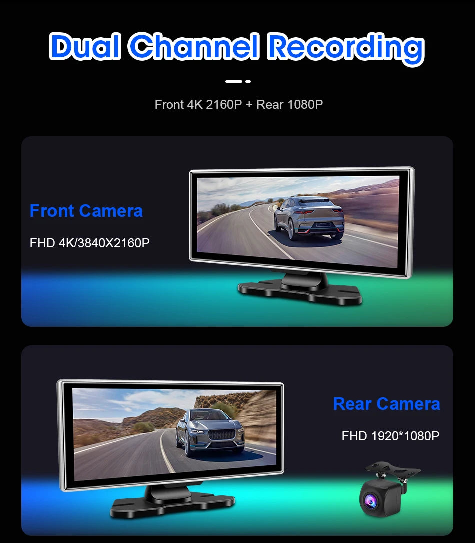 4K Dual-Lens Dash Cam with Wireless CarPlay & Android Auto