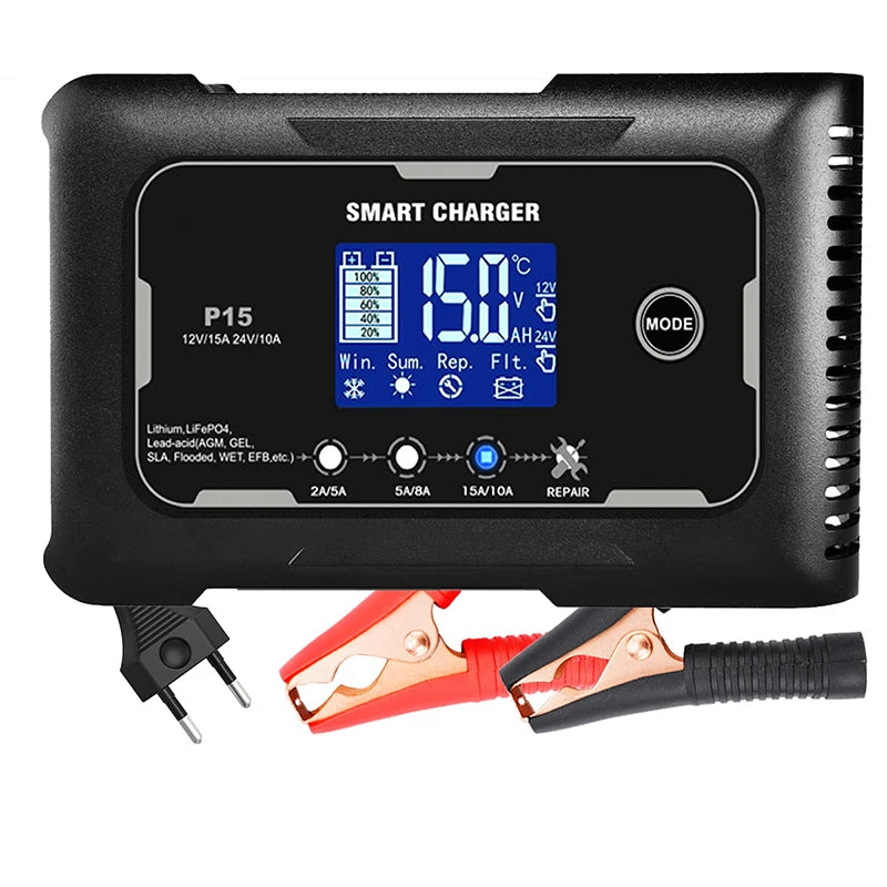 Smart 15A/20A Battery Charger – Auto Repair Charge for Car & Motorcycle (LCD Display)