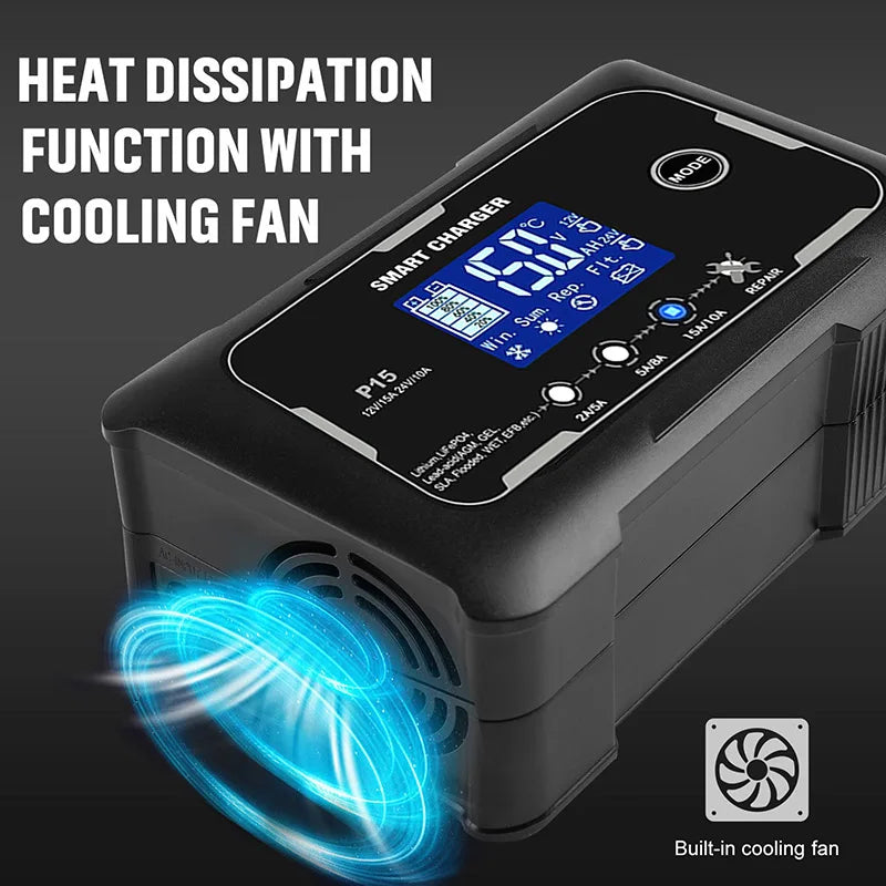 Smart 15A/20A Battery Charger – Auto Repair Charge for Car & Motorcycle (LCD Display)