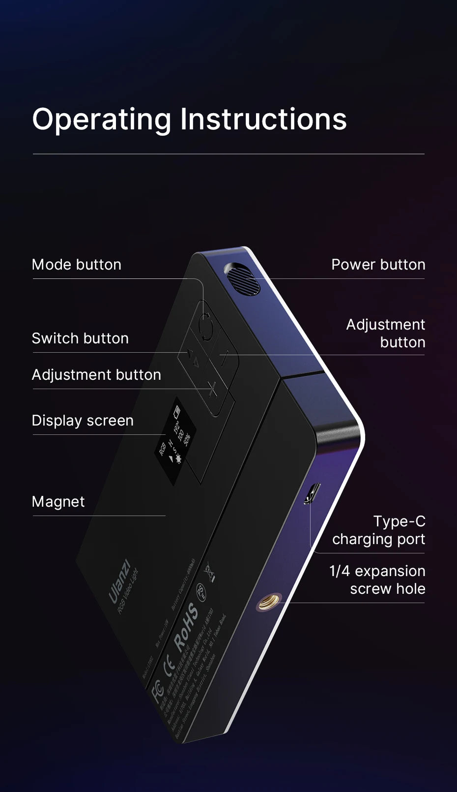Full Color RGB Video Light (2500K-9000K) - Dimmable LED Photography Lighting