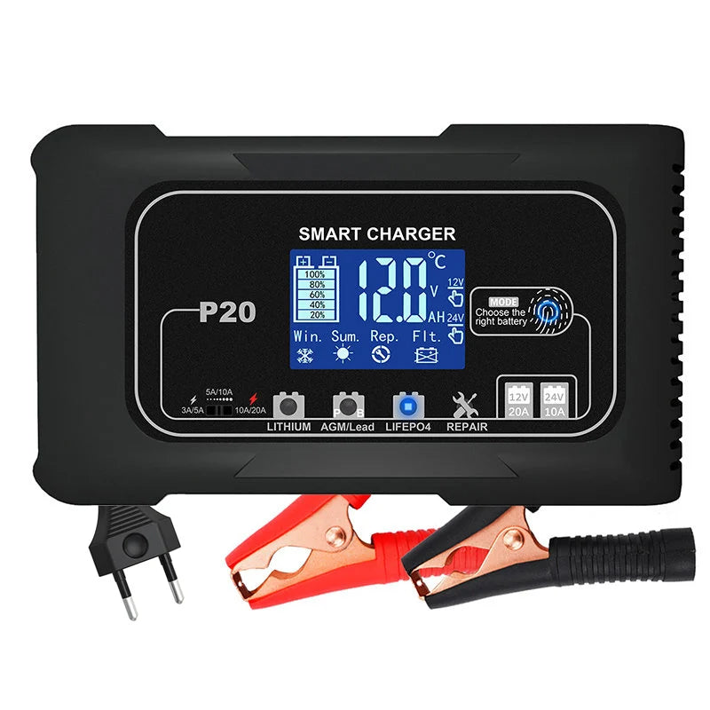 Smart 15A/20A Battery Charger – Auto Repair Charge for Car & Motorcycle (LCD Display)