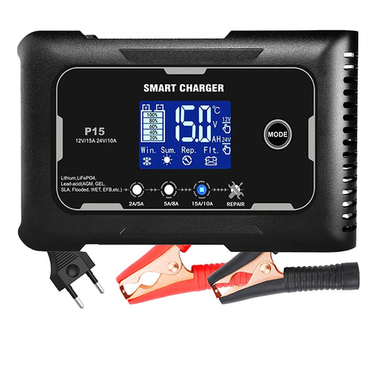 Smart 15A/20A Battery Charger – Auto Repair Charge for Car & Motorcycle (LCD Display)