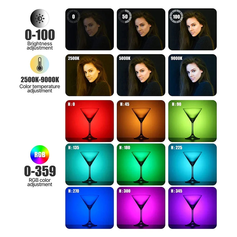 Full Color RGB Video Light (2500K-9000K) - Dimmable LED Photography Lighting