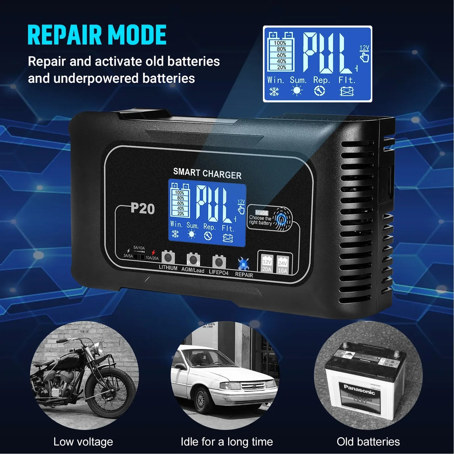 Smart 15A/20A Battery Charger – Auto Repair Charge for Car & Motorcycle (LCD Display)