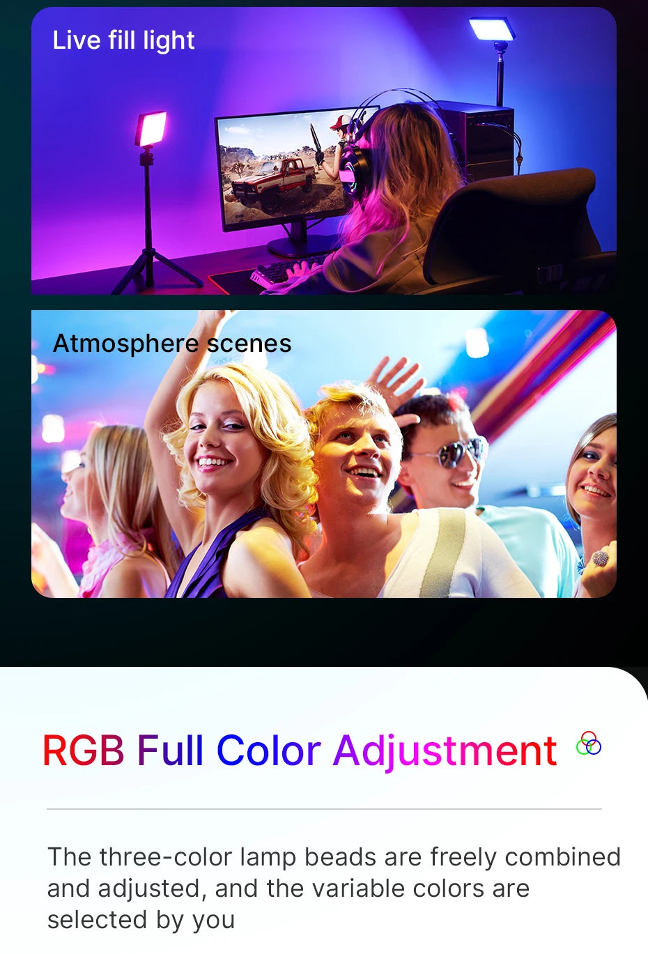 Full Color RGB Video Light (2500K-9000K) - Dimmable LED Photography Lighting