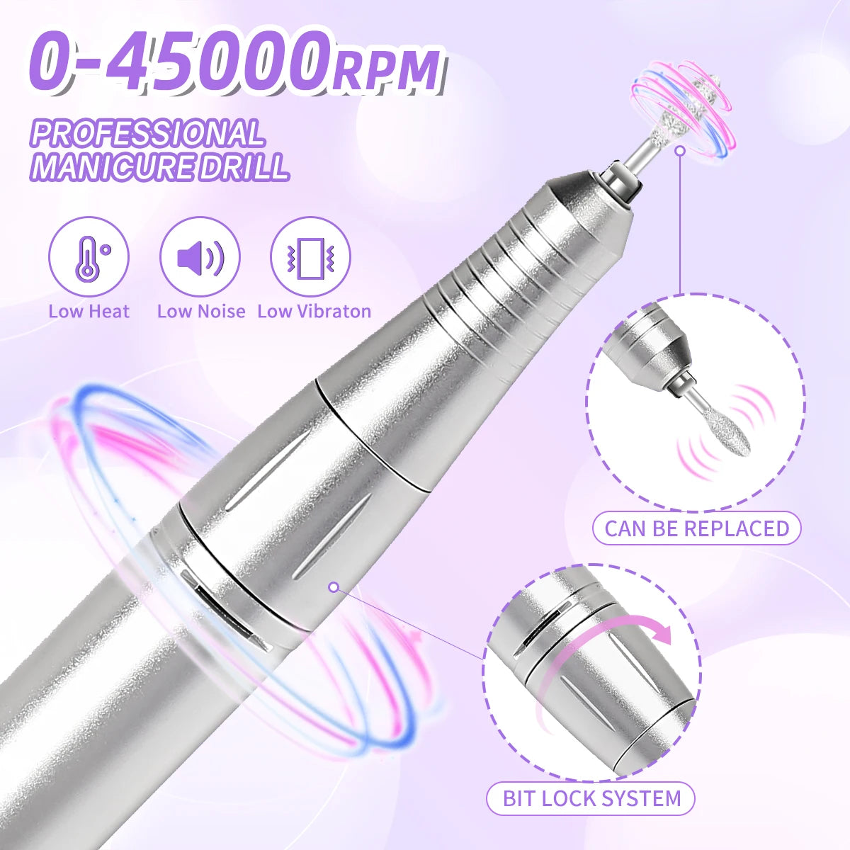 45,000RPM Rechargeable Nail Drill – Ultra-Quiet & Portable Manicure Tool for Salon & Home