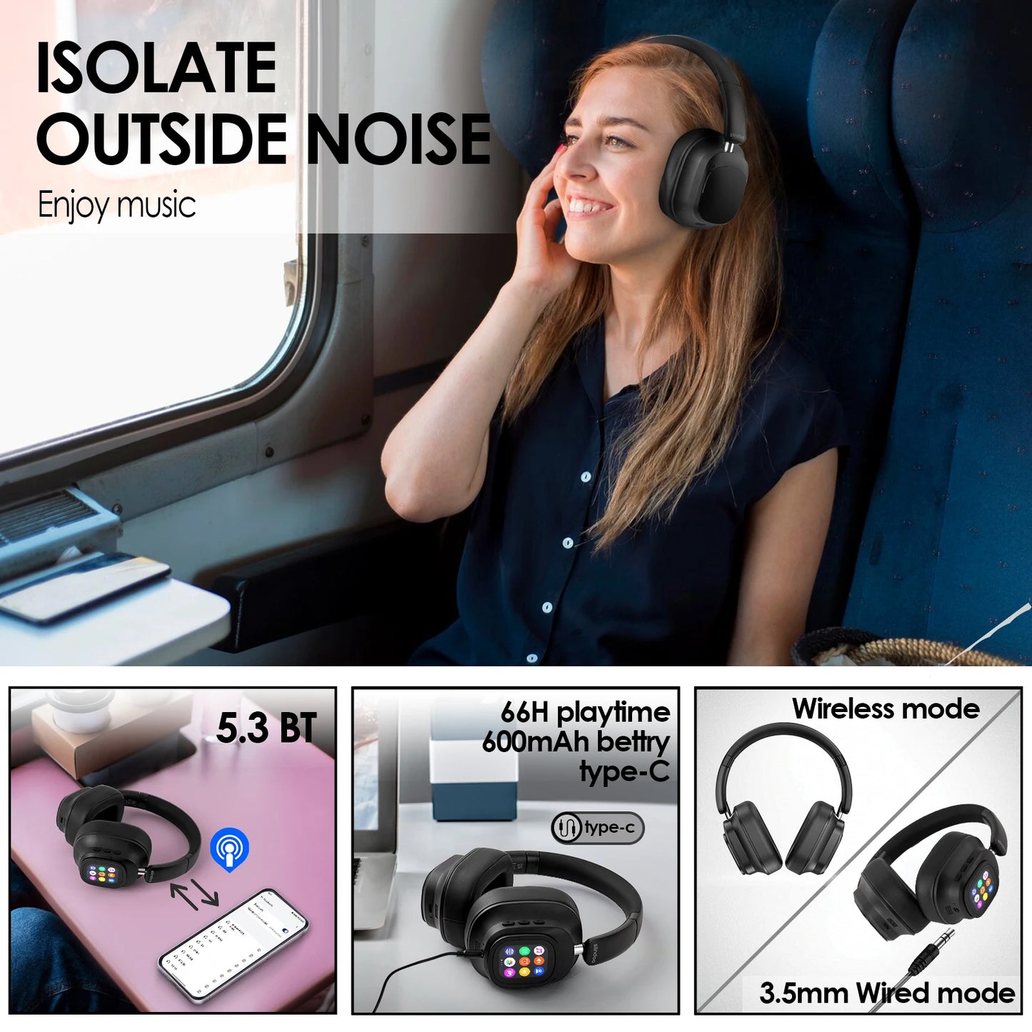 Hybrid ANC Wireless Headphones w/ Touch Control & LED Display