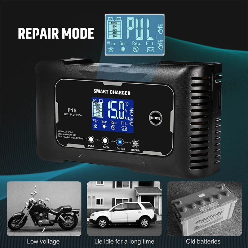 Smart 15A/20A Battery Charger – Auto Repair Charge for Car & Motorcycle (LCD Display)