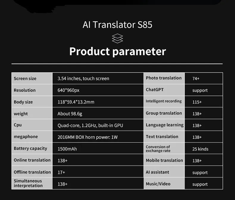 S85 Smart Translator – 138 Languages, Instant Offline Voice Translation, Large Screen