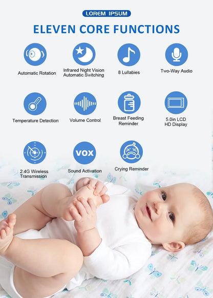 5" Wireless Baby Monitor with Pan-Tilt, Night Vision & 2-Way Audio – Portable & Secure