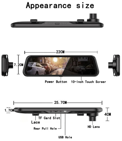 10" Touchscreen Rearview Mirror Dash Cam – Dual Front & Rear Recorder