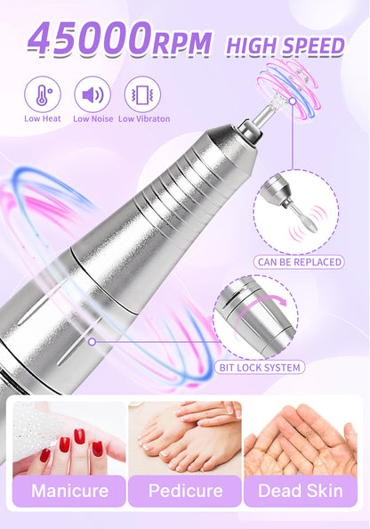 45,000RPM Rechargeable Nail Drill – Ultra-Quiet & Portable Manicure Tool for Salon & Home