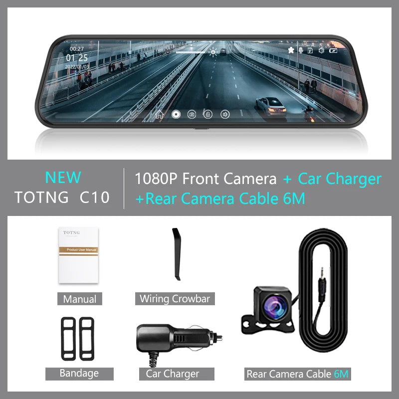 10" Touchscreen Rearview Mirror Dash Cam – Dual Front & Rear Recorder