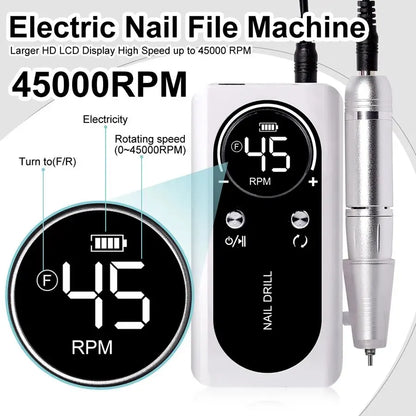 Pro Nail Drill – 45K RPM, Ultra-Quiet & Cordless for Flawless Manicures