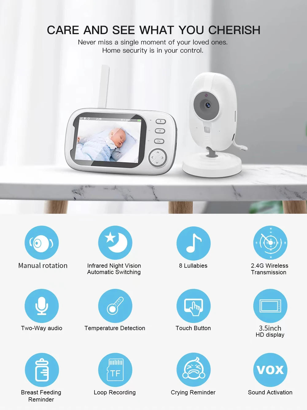 3.5" HD Wireless Baby Monitor – Night Vision, 2-Way Audio & Temp Alerts