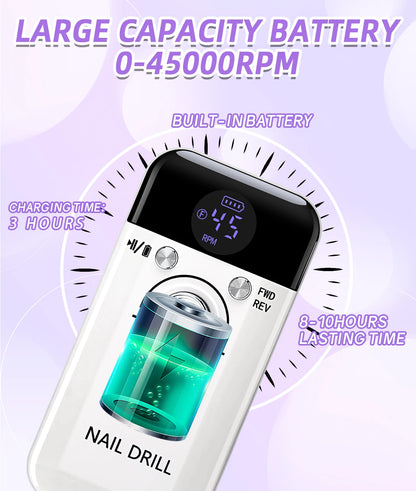 45,000RPM Rechargeable Nail Drill – Ultra-Quiet & Portable Manicure Tool for Salon & Home